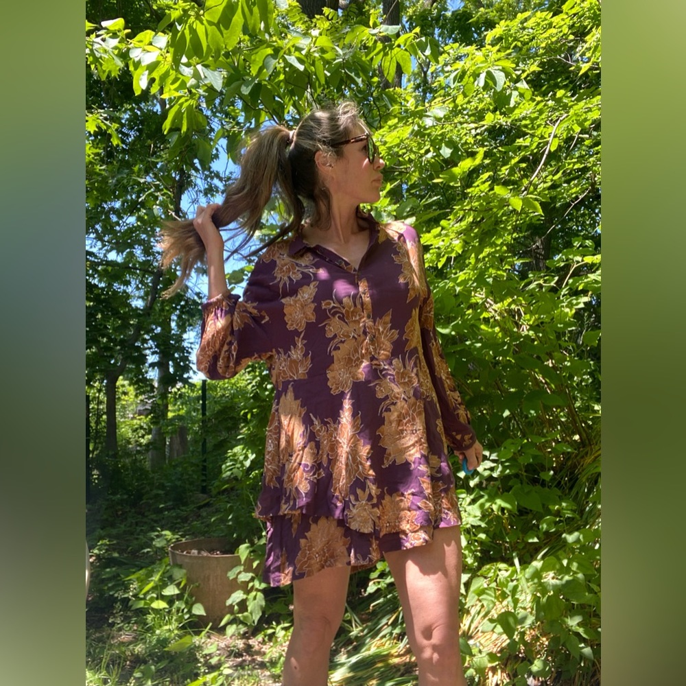 Free People shake It Floral Burgundy Ruffle Boho Tie Pullover Mini Dress…